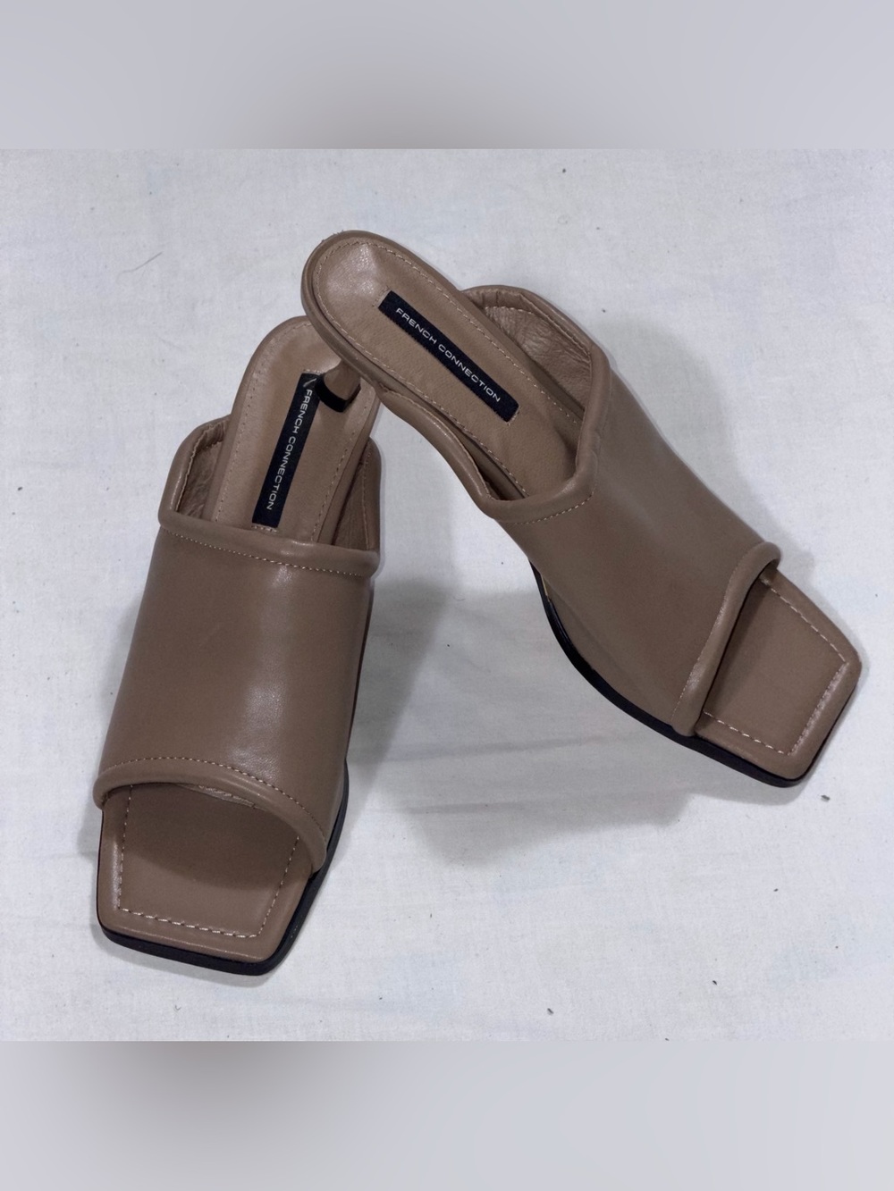 French Connection Square Toe Kitten Heel Mules Women 10 Taupe Brown NWOT